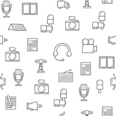 Seamless background on journalism theme with hand drawn objects