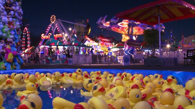 Rubber duckies float in a pool at a carnival.