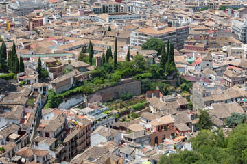Fototapeta na wymiar Granada - The outlook over the town from Alhambra fortress.