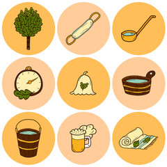 Set of hand drawn sauna icons: broom, towel, hat, wisp, beer