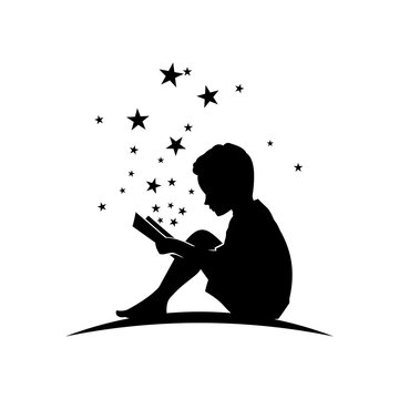 Kid Read Book with Star Silhouette Illustration