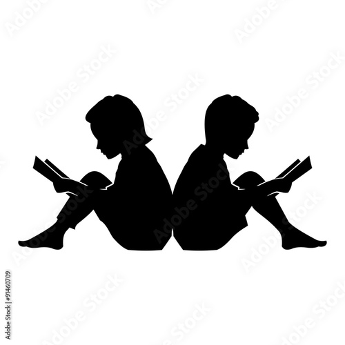 "Little Kid and Girl Read a Book Vector Silhouette" Stock image and