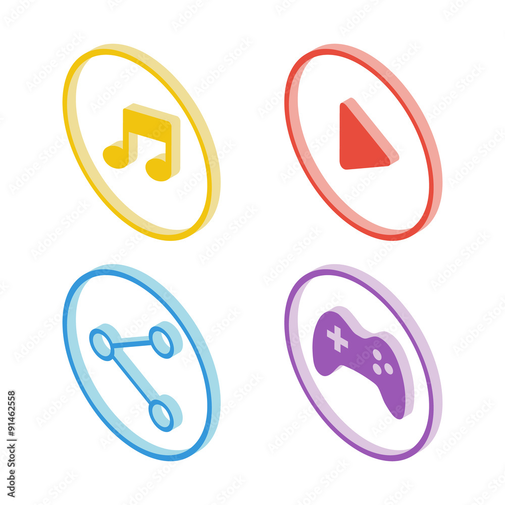 Aufkleber isometric music icon. isometric play icon. isometric share icon. isometric joystick icon. vector ill