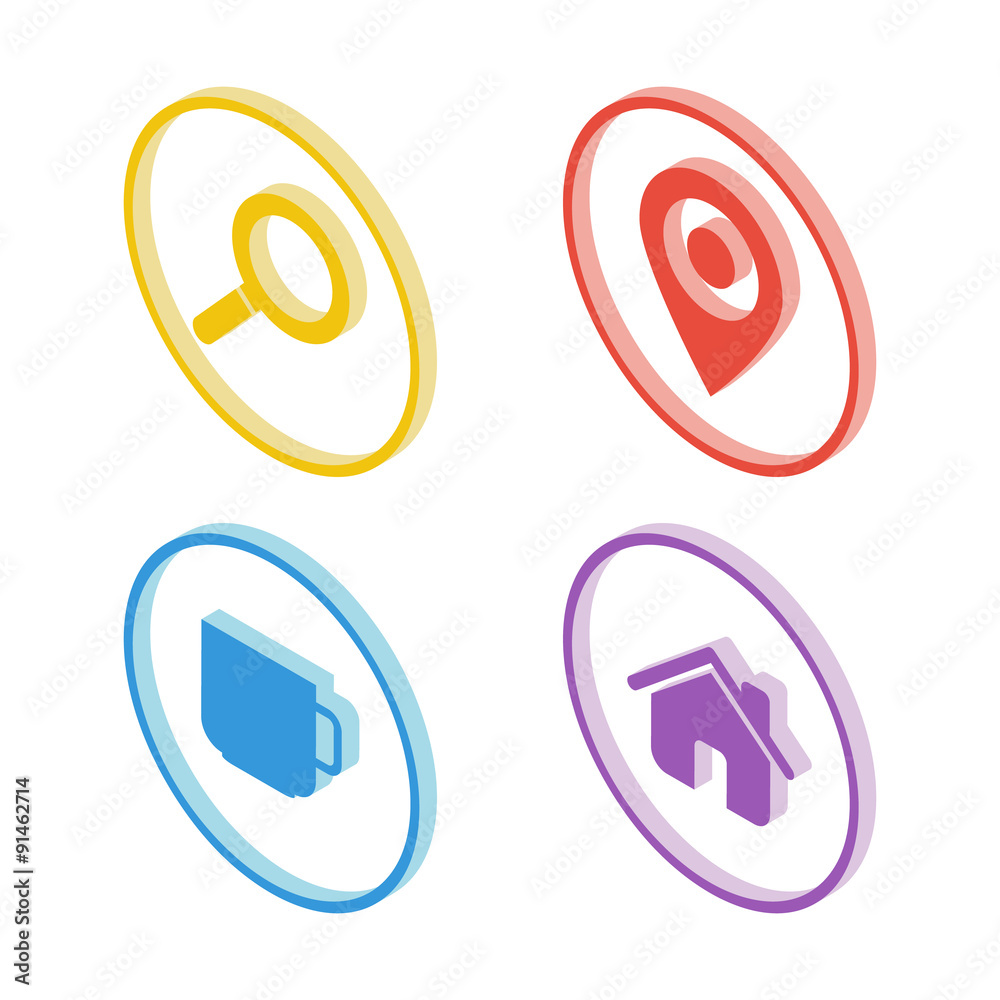 Poster isometric search icon. isometric map pointer icon. isometric cup icon. isometric home icon. vector i
