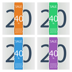 Set of sale posters with percent discount. Torn paper.