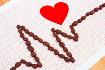 Cardiogram line of roasted coffee grains and red heart, medicine and healthcare concept