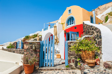 Beautiful national architecture in Oia town, Santorini island, G