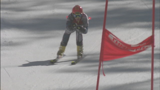 A skier skis down the hill, hitting the flag at the bottom.