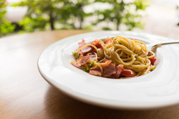 Spaghetti with dried chilli ,bacon and garlic.
