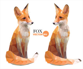 Foxes. Set of two pictures of a cute red Fox cartoon in various poses, vector red Fox in polygonal style and foxes made in low poly style.