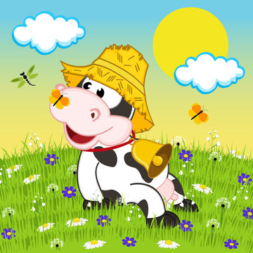 Cow resting on meadow - vector illustration, eps