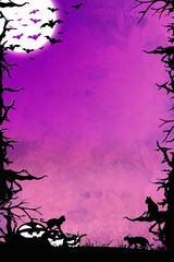 Fototapeta premium Halloween night purple vertical background with trees, bats, cats and pumpkins