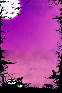 Halloween night purple vertical background with trees, bats, cats and pumpkins
