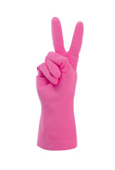 Obraz premium Pink cleaning glove, victory sign
