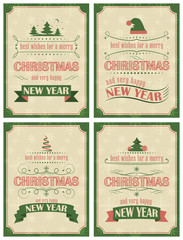 Set of Christmas and Happy New Year card with ornate elements in retro style
