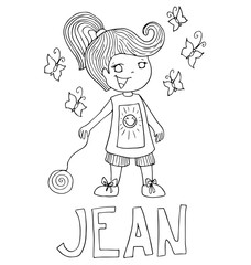 The simple outline drawing for coloring with the image of children of different name characters and education