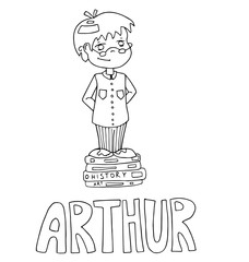 The simple outline drawing for coloring with the image of children of different name characters and education