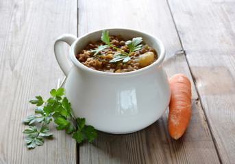 bowl of lentil stew with potatoes