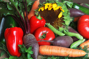 Fresh vegetables. Tomatoes, carrots, pepper, peas, beets, sunflower
