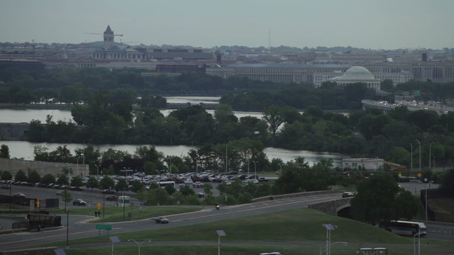 Fast motion scene of busy traffic and Potomac River in Washington DC, USA. View from Pentagon City.