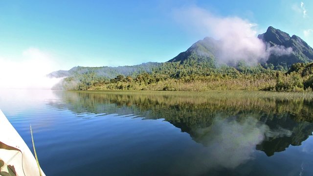 Panning view from a boat of Ceasar Lake in Parque Nacional Corcovado during the fly-fishing trip in Southern Chile.