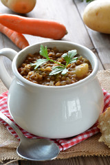 bowl of lentil stew with potatoes