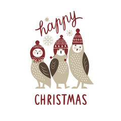 Happy Christmas card, three cute owls