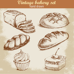 Vintage hand drawn sketch style bakery set. Bread and pastry sweets on grunge background.