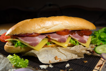 Long sandwich with meat, vegetables and barbecue sauce