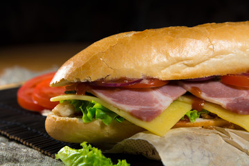 Long sandwich with meat, vegetables and barbecue sauce