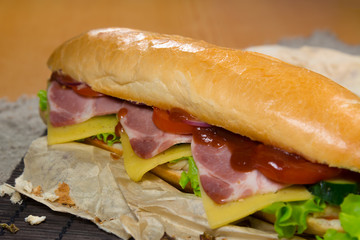 Long sandwich with meat, vegetables and barbecue sauce
