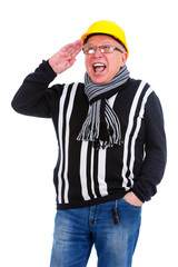 Boss builder old senior business man with white teeth screams in yellow helmet and glasses, Isolated over white background, human emotions