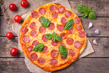 Traditional pepperoni pizza Italian delicious meal with salami