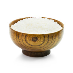 Cooked rice in wooden bowl