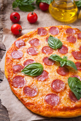 Delicious homemade Italian pepperoni pizza with salami