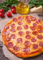 Traditional Italian pizza pepperoni with delicious crust on