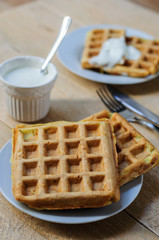 Zuccini hash brown waffles with sour cream