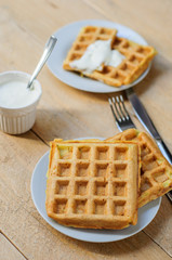 Zuccini hash brown waffles with sour cream