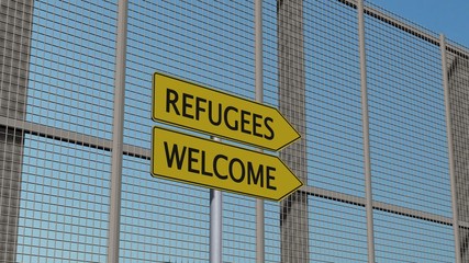 Obraz premium Refugees / Welcome Signpost on metall fence / border fence