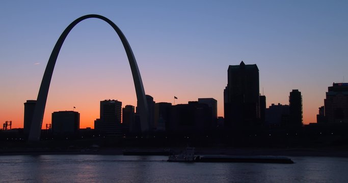 Birds in migration fly past the St. Louis arch at dusk.