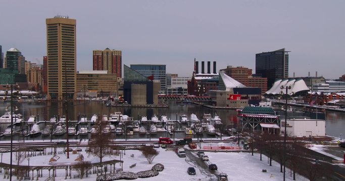 The cityscape and harbor of Baltimore in winter.