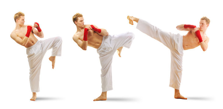 Man training taekwondo set
