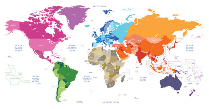 world map colored by continents. High detailed vector illustration