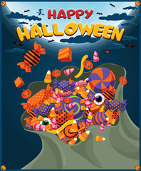 Vintage Halloween poster design with bag of candies
