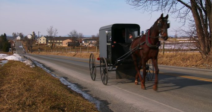 An Amish horse cart travels along a road in rural Pennsylvania.