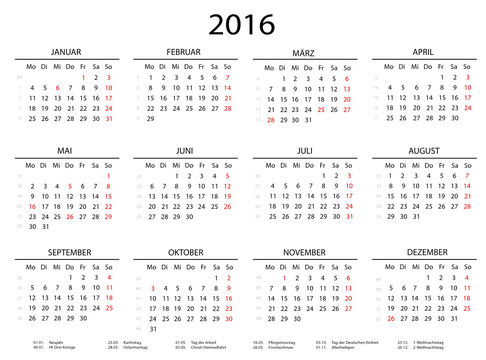 2016 kalender quer mit Linien