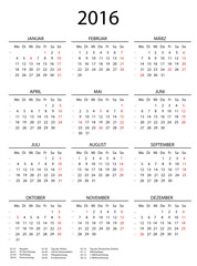 2016 Kalender hoch mit Feiertagen und Linien