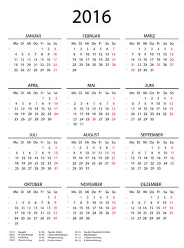 2016 Kalender hoch mit Feiertagen und Linien