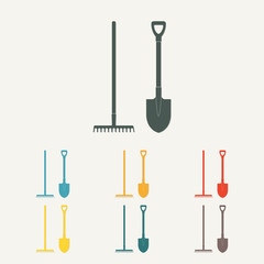 Naklejka premium Shovel and rake icon. Gardening tools. Vector illustration.