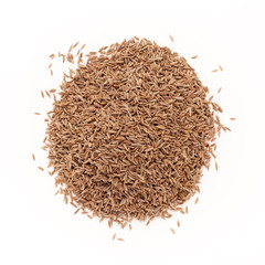 Top view of Organic Cumin seed (Cuminum cyminum) isolated on white background.